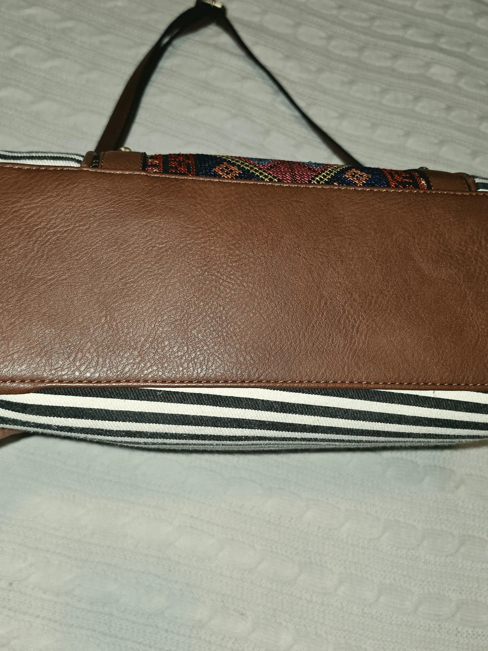 Jen & Co Brown Leather Braided Handle Striped Embroidered Padded Camera Bag Boho